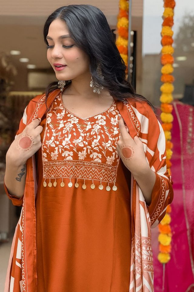 Rust Color Cotton Fabric Designer Partywear Salwar Kameez
