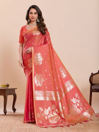 Rust Color Soft Silk Fabric Woven Jari Designer Partywear Saree