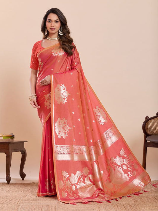 Rust Color Soft Silk Fabric Woven Jari Designer Partywear Saree