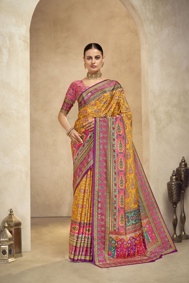 Graceful Ethnic Yellow Color Bollywood Style Crepe Silk Designer Digital Foil Printed Saree