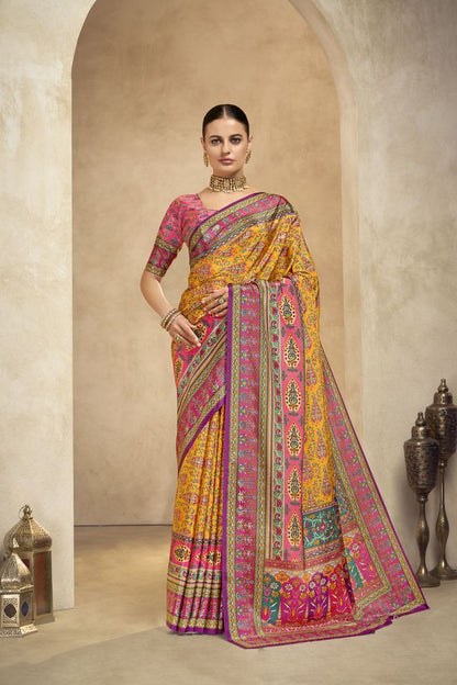 Graceful Ethnic Yellow Color Bollywood Style Crepe Silk Designer Digital Foil Printed Saree