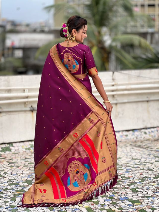 Wine Color Soft Silk Fabric Woven Paithani Designer Cultural Rich Saree