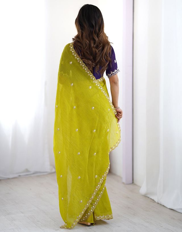 Lemon Color Chinon Fabric Embroidery And Pearl Work Work Designer Saree