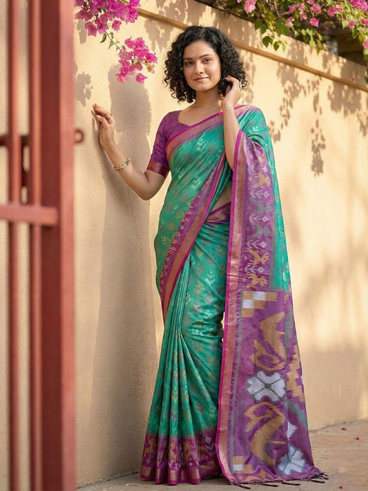 Rama Green Color Pochampalli Silk Saree With Graceful Woven Designer Looks