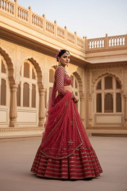 Embroidered Wedding Lehenga Set for Women HKV-003380 RED