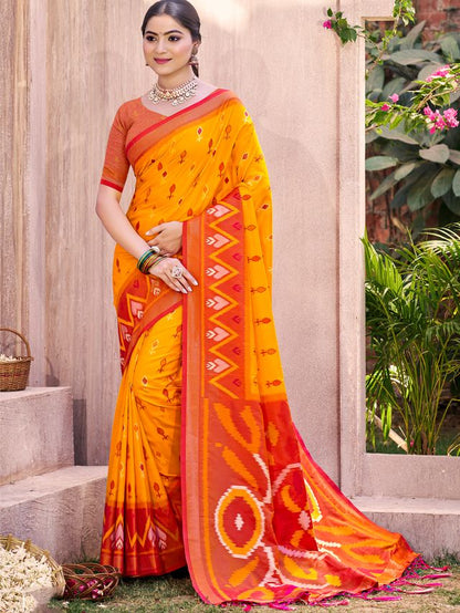 Yellow Color Pochampalli Silk Fabric Designer Woven Ethnic Ceremonial Saree
