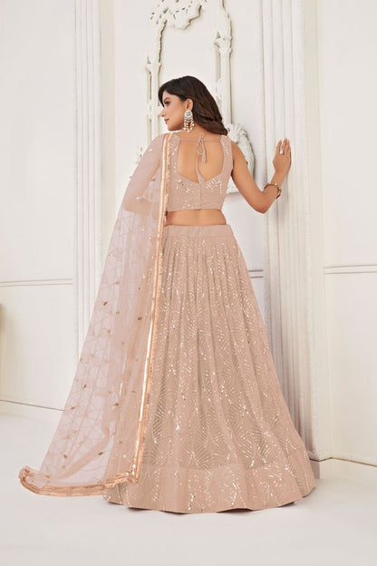 Peach Color Butterfly Net Fabric Designer Sequins Embroidered Ceremonial Lehenga Choli