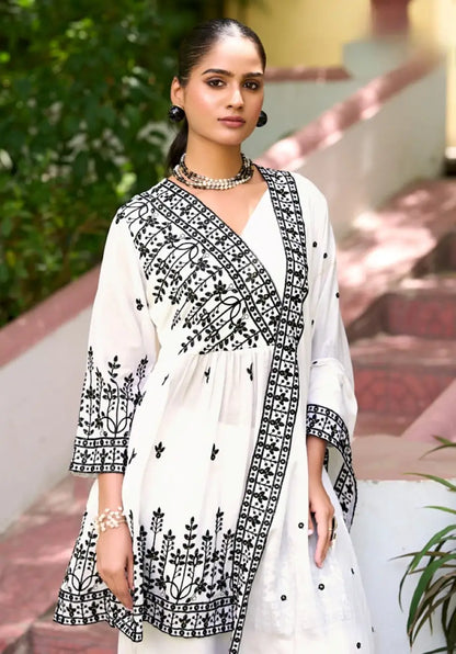 White Chinon Readymade Sharara Suit with Embroidery Work