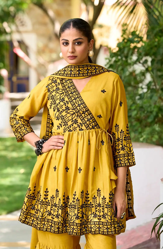 Yellow Chinon Readymade Sharara Suit with Embroidery Work