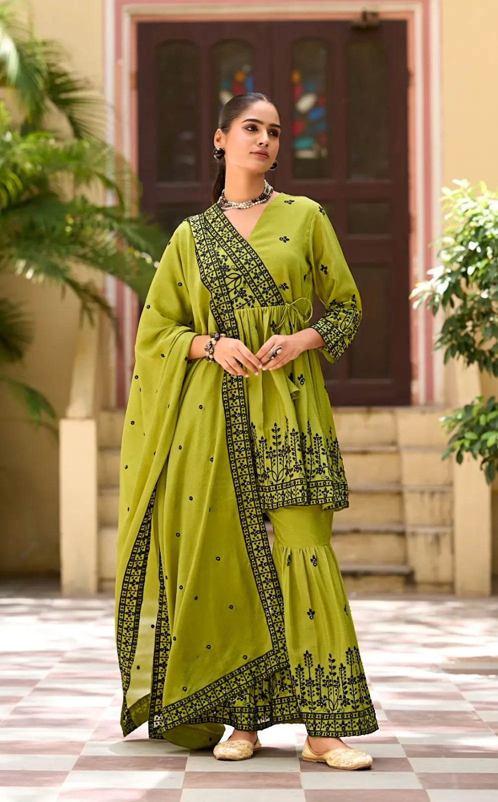 Mehendi Chinon Readymade Sharara Suit with Embroidery Work