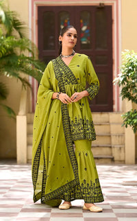 Mehendi Chinon Readymade Sharara Suit with Embroidery Work