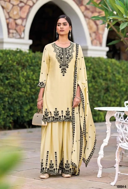 Beige Chinon Readymade Plazzo Suit with Heavy Embroidery Work