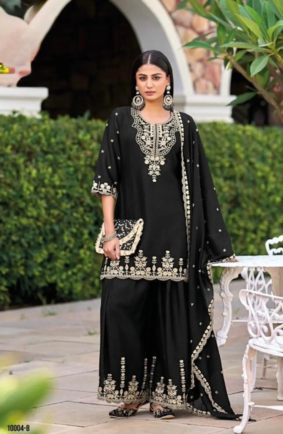 Black Chinon Readymade Plazzo Suit with Heavy Embroidery Work