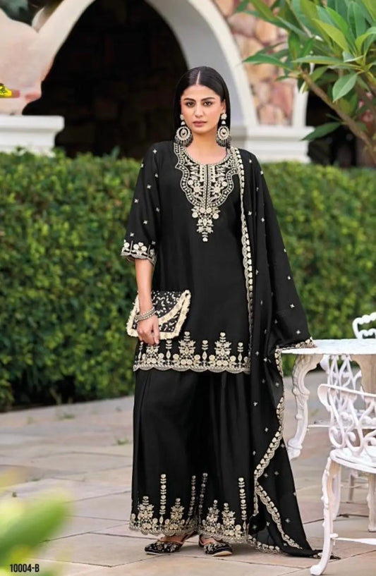 Black Chinon Readymade Plazzo Suit with Heavy Embroidery Work