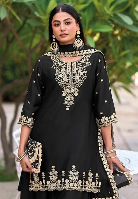 Black Chinon Readymade Plazzo Suit with Heavy Embroidery Work