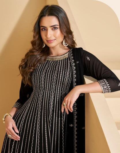 Black Georgette Free Size Stitched Suit with Embroidery & Sequence Work