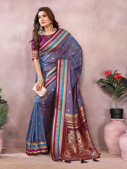 Dusty Blue Handloom Kalamkari Silk Saree with Zari Woven Work