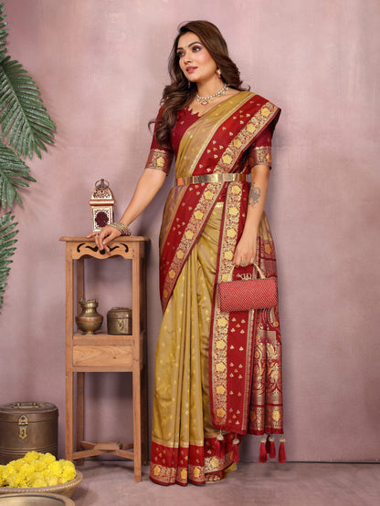 Gold Handloom Kalamkari Silk Saree with Zari Woven Work