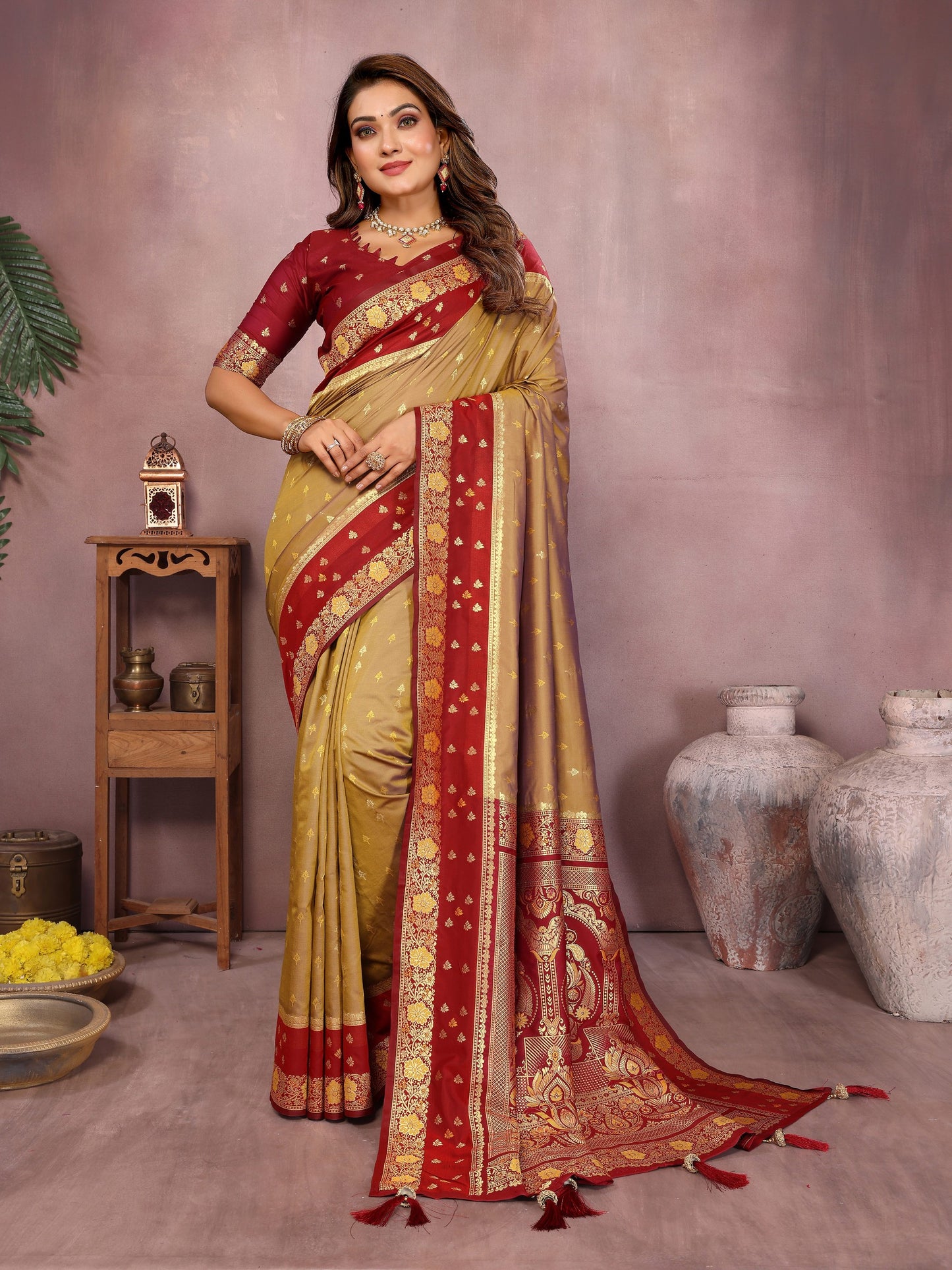 Gold Handloom Kalamkari Silk Saree with Zari Woven Work
