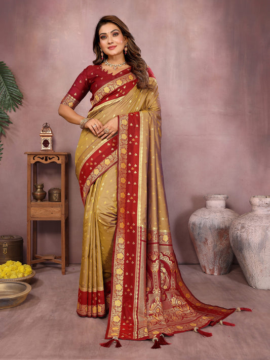 Gold Handloom Kalamkari Silk Saree with Zari Woven Work