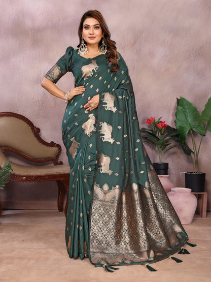 dark green Premium banarasi tissue silk saree with gala weaving work