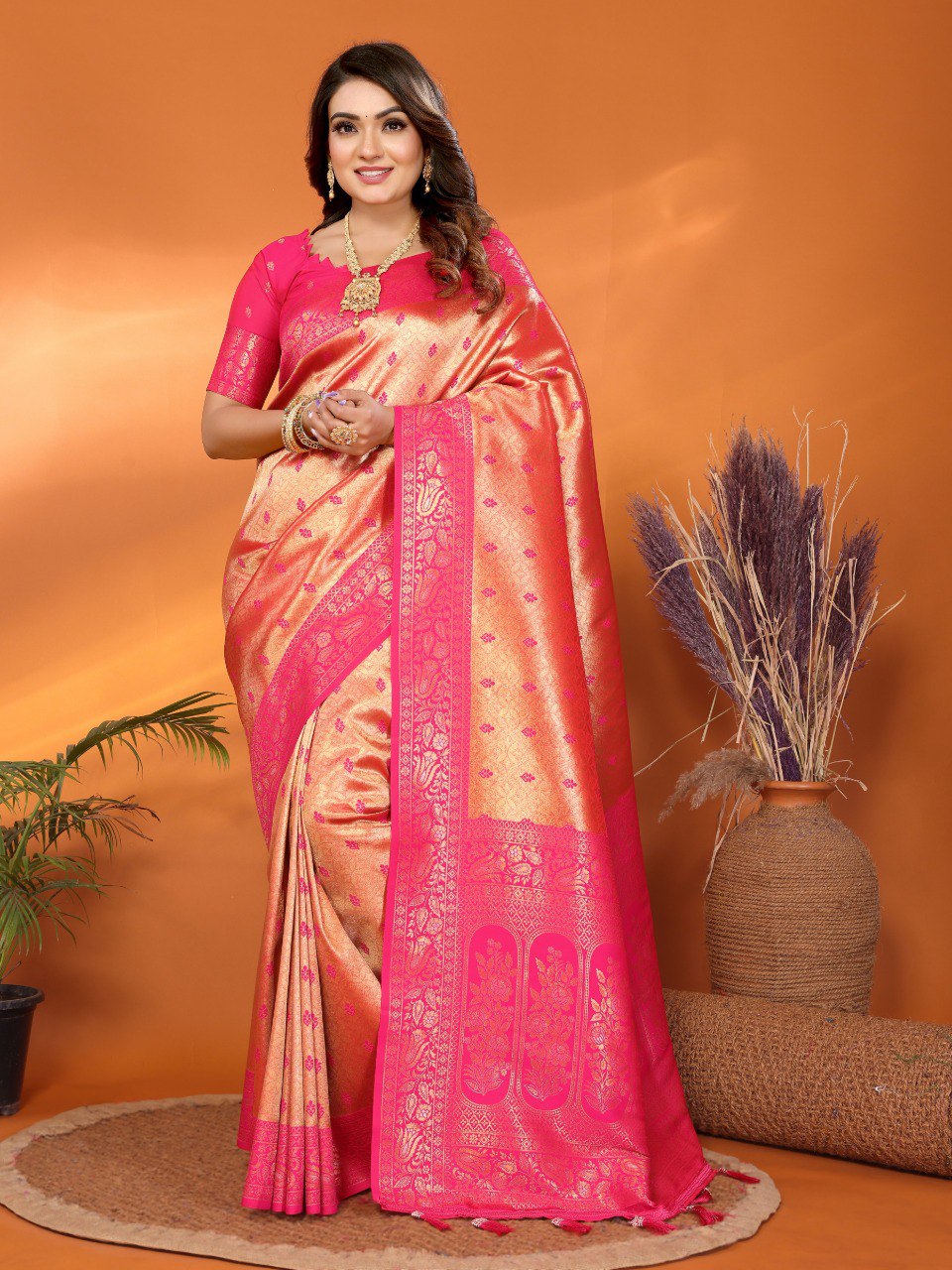 peach tissue silk saree with weaving Zari work