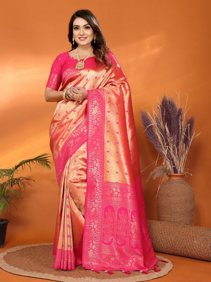 peach tissue silk saree with weaving Zari work