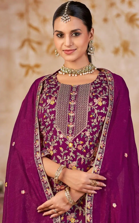 Purple Vichitra Silk Readymade Plazzo Suit with Embroidery & Lace Work