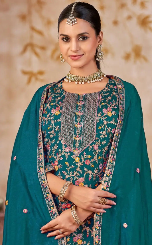 Blue Vichitra Silk Readymade Plazzo Suit with Embroidery & Lace Work