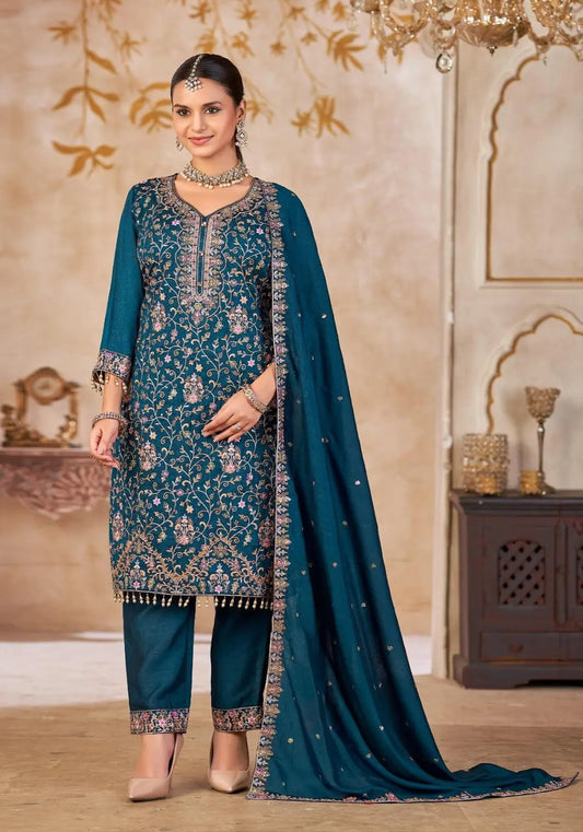 Blue Vichitra Silk Readymade Suit with Embroidery & Lace Work