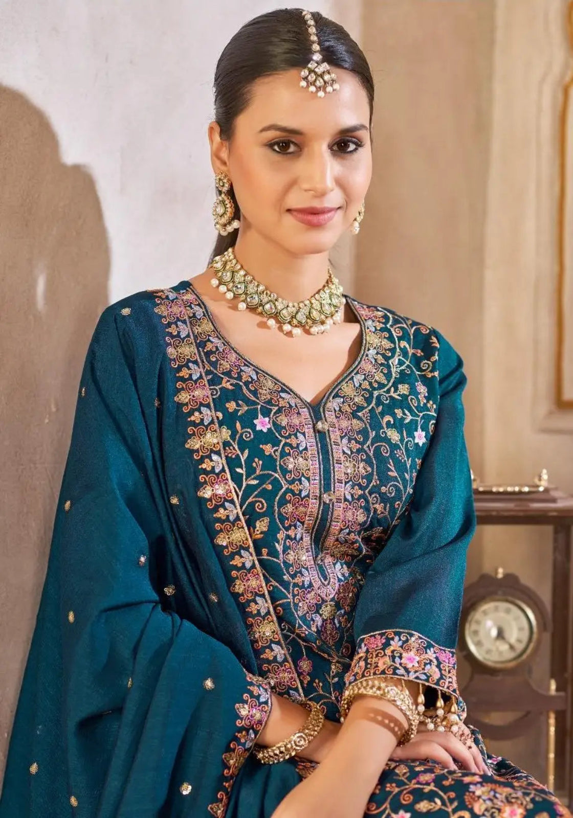 Blue Vichitra Silk Readymade Suit with Embroidery & Lace Work
