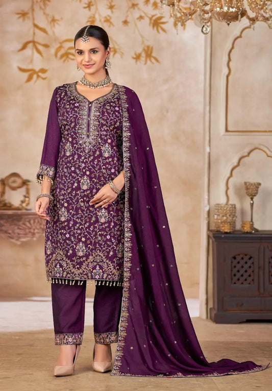 Purple Vichitra Silk Readymade Suit with Embroidery & Lace Work