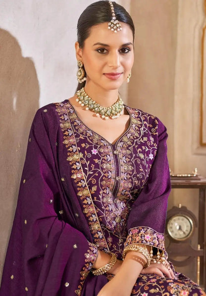Purple Vichitra Silk Readymade Suit with Embroidery & Lace Work