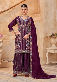 Maroon Vichitra Silk Readymade Plazzo Suit with Embroidery & Lace Work