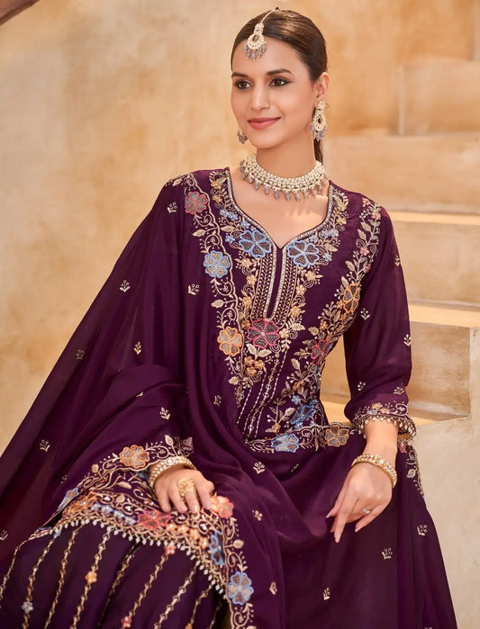Maroon Vichitra Silk Readymade Plazzo Suit with Embroidery & Lace Work