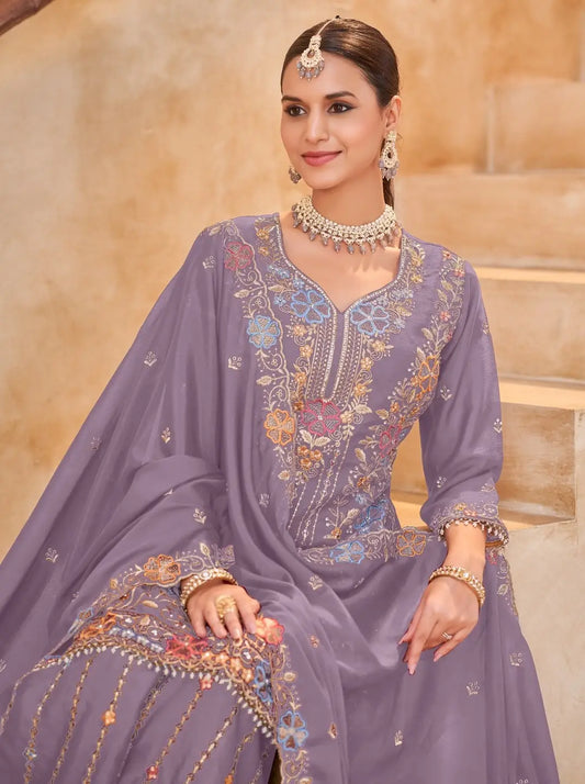 Lavender Vichitra Silk Readymade Plazzo Suit with Embroidery & Lace Work