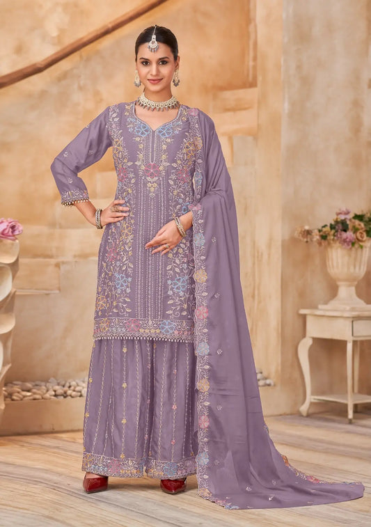 Lavender Vichitra Silk Readymade Plazzo Suit with Embroidery & Lace Work