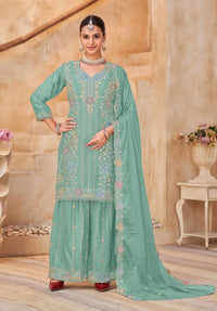 Sky Blue Vichitra Silk Readymade Plazzo Suit with Embroidery & Lace Work