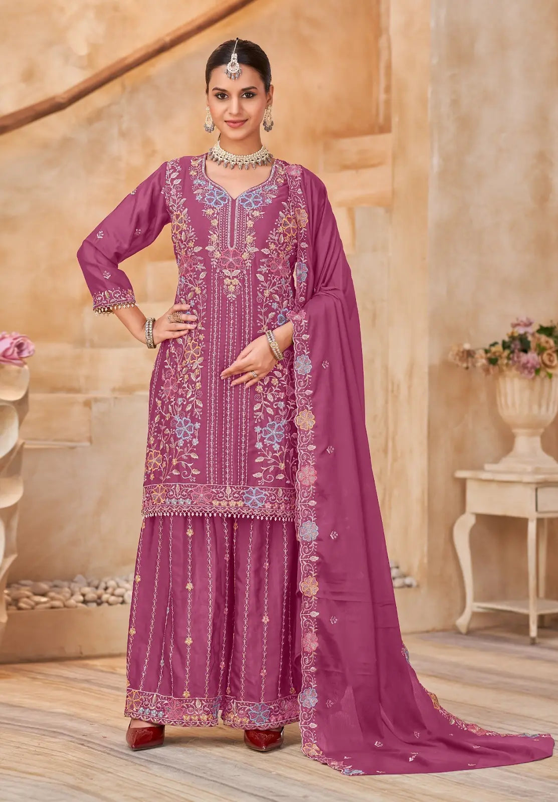 Magenta Vichitra Silk Readymade Plazzo Suit with Embroidery & Lace Work