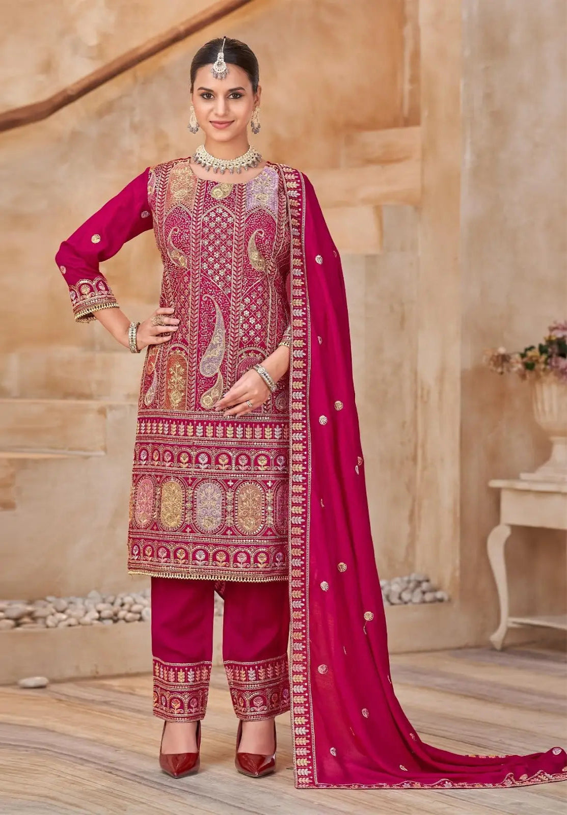 Rani Pink Vichitra Silk Readymade Suit with Embroidery & Lace Work