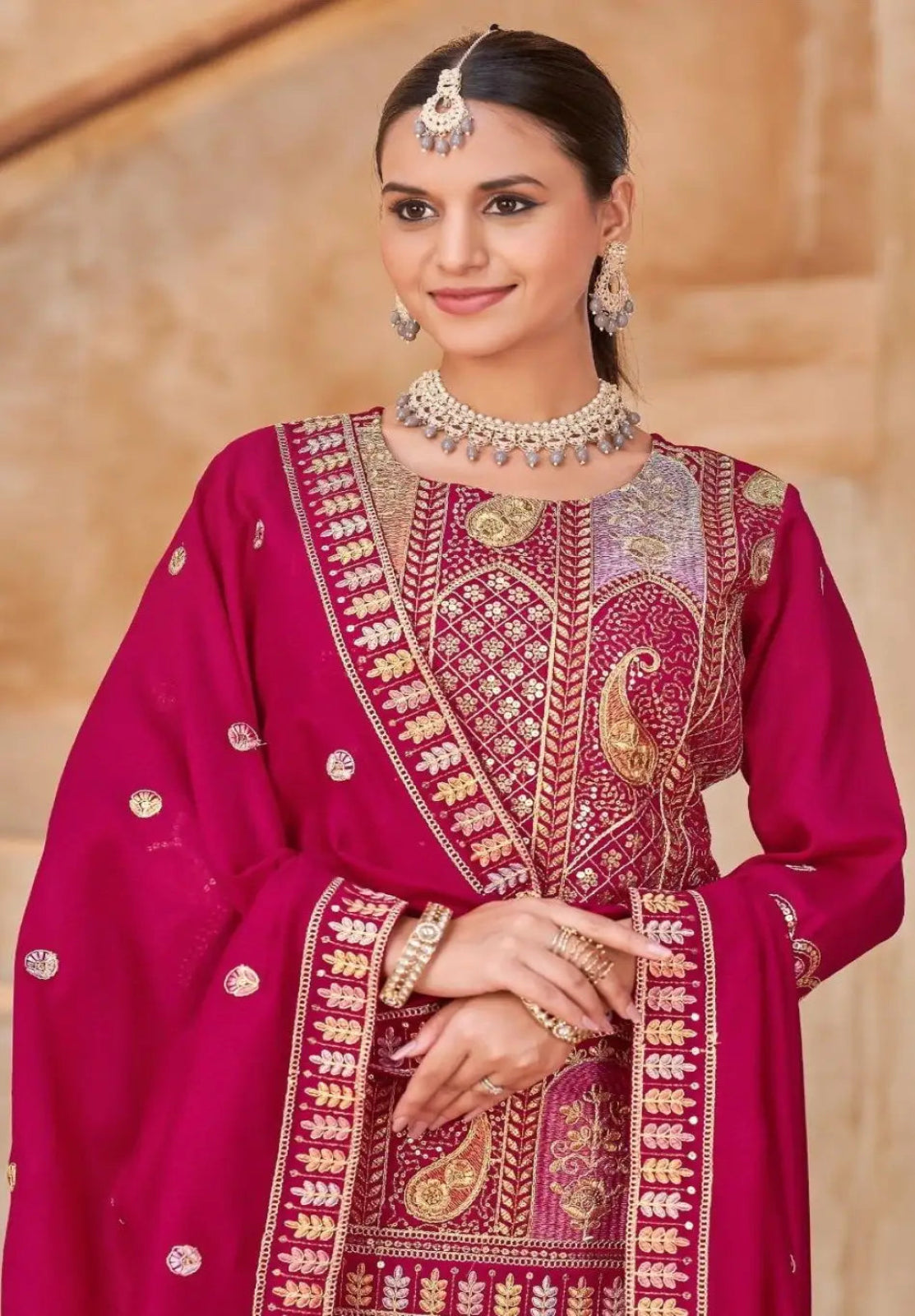 Rani Pink Vichitra Silk Readymade Suit with Embroidery & Lace Work