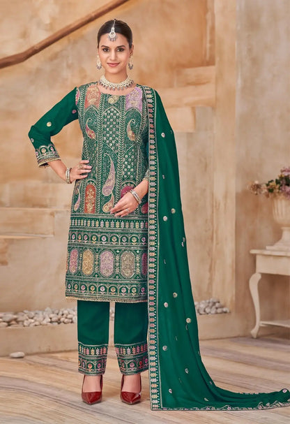 Green Vichitra Silk Readymade Suit with Embroidery & Lace Work