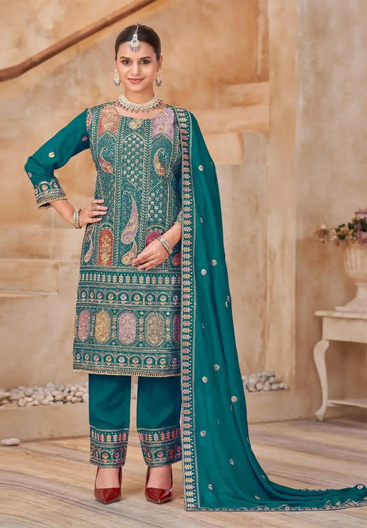 Teal Vichitra Silk Readymade Suit with Embroidery & Lace Work