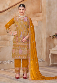 Mustard Vichitra Silk Readymade Suit with Embroidery & Lace Work