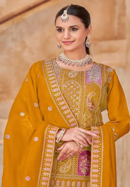 Mustard Vichitra Silk Readymade Suit with Embroidery & Lace Work