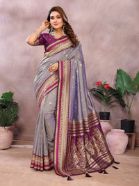 Purple Handloom Kalamkari Silk Saree with Zari Woven Work