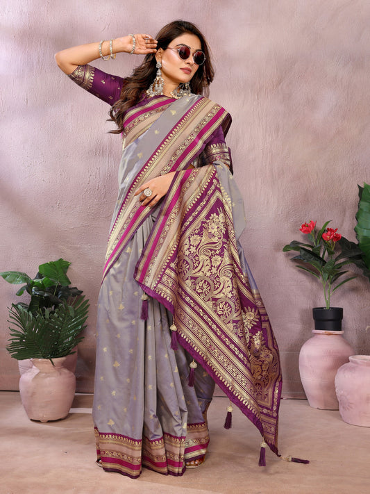 Purple Handloom Kalamkari Silk Saree with Zari Woven Work