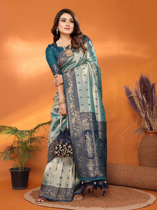 blue tissue silk saree with weaving Zari work
