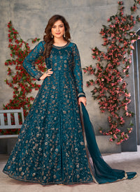 Teal Embroidered Butterfly Net Semi Stitched Anarkali Suit