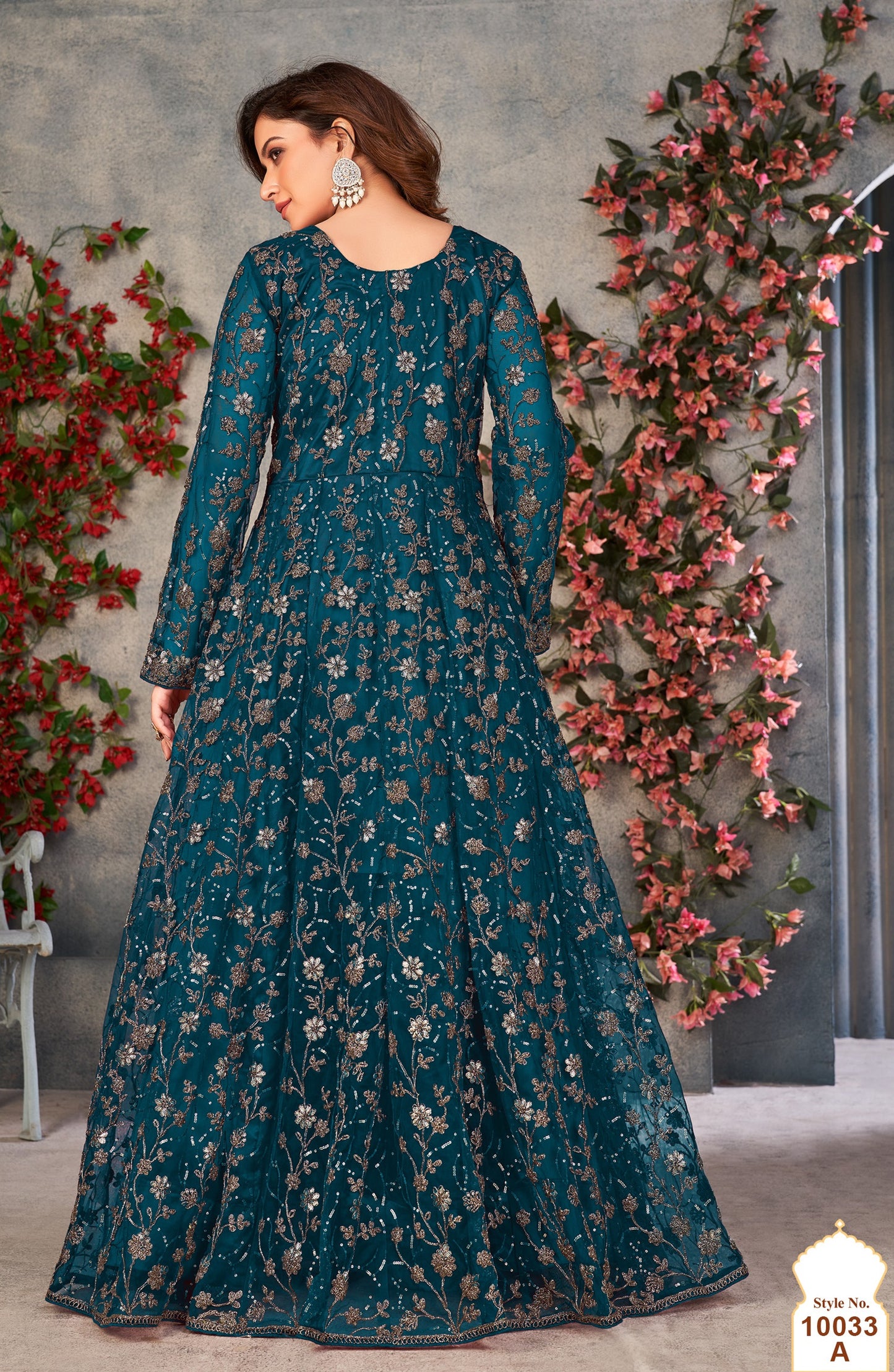 Teal Embroidered Butterfly Net Semi Stitched Anarkali Suit